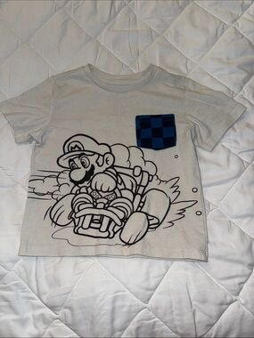 4T Mario Bros Kids Graphic Pocket T-Shirt - White with Blue Pocket